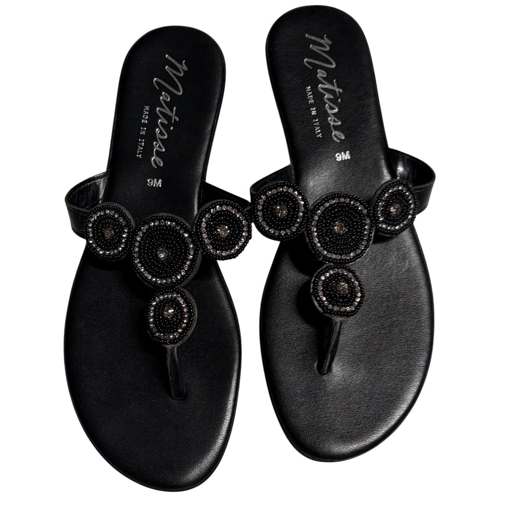 Matisse Womens Black Leather Beaded Medallion Thong Sandals Italy Size 9M